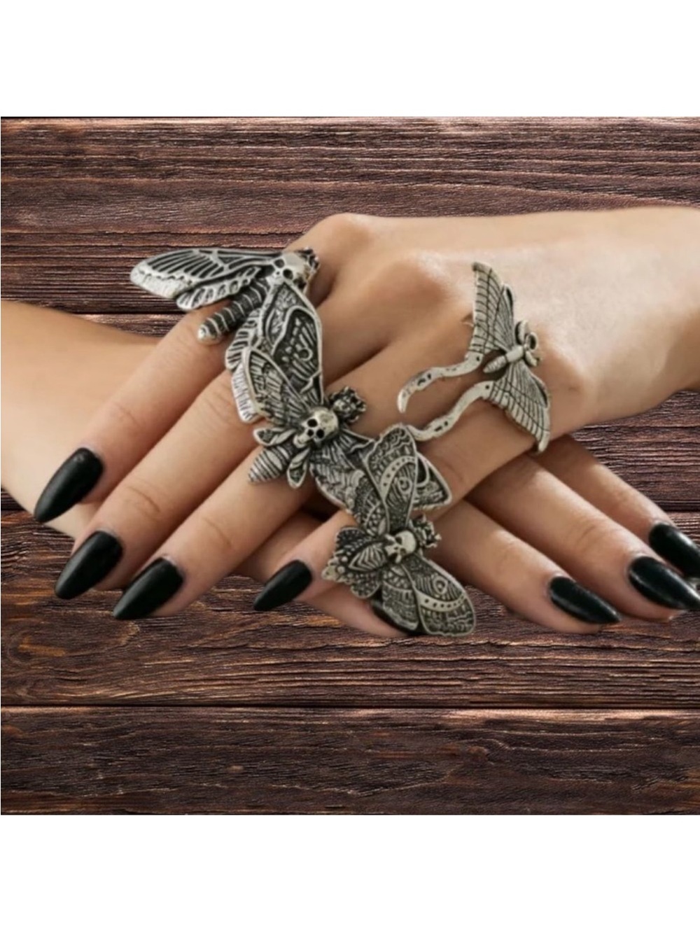 Gothic Silver Antique Moth Skulls & Death Moth Rings Set 4pcs New